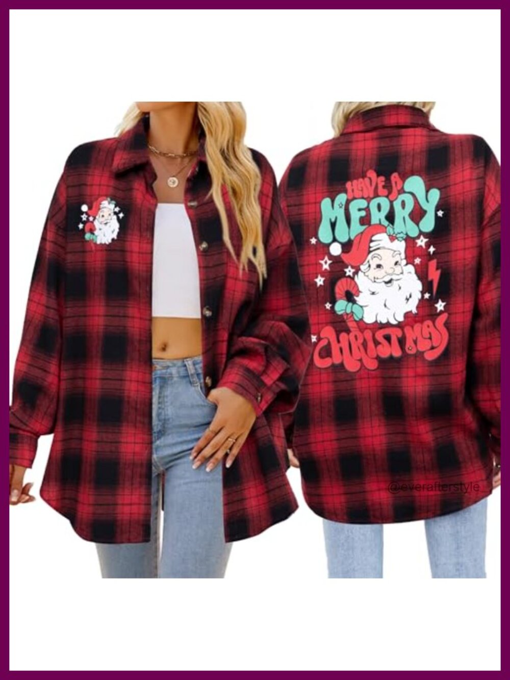 Christmas Plaid Button Down Shirt Long Sleeve Santa Collared Blouse